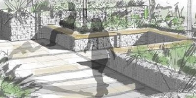 Artist impression of a woman walking along a boardwalk surrounded by green landscapes